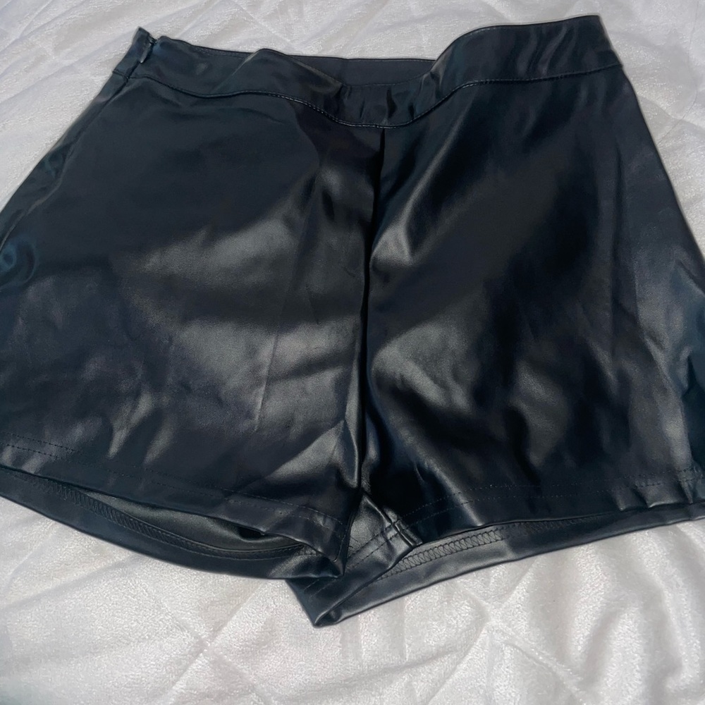 Black Leather Zip-Up Shorts